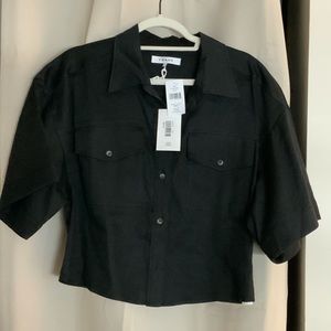 Black crop button down linen cotton shirt